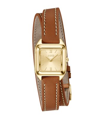 Montre BOSS BLACK MAE PETITE Femme 1502881 Analogique Cadran Minéral Doré Bracelet Cuir Brun Etanchéité 3 ATM