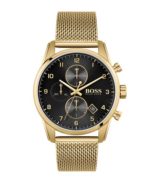 Montre BOSS BLACK SKYMASTER Homme 1513838 Analogique Cadran Minéral Noir Bracelet Milanais Doré Clip / clasp Etanchéité 5 ATM