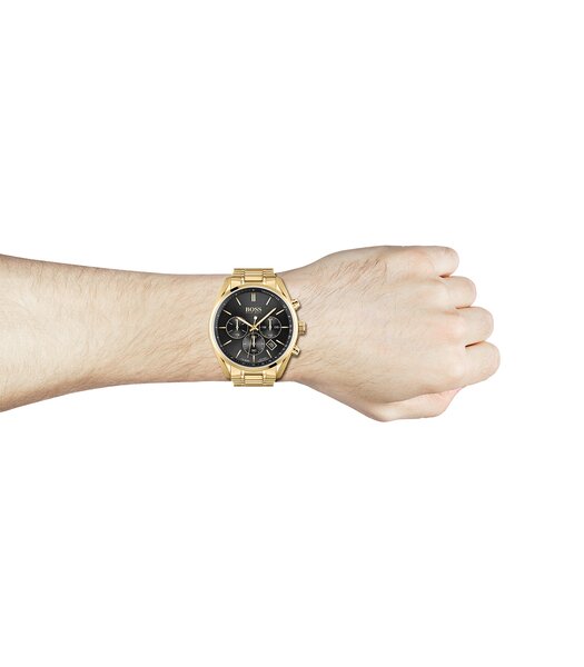 Montre BOSS BLACK CHAMPION Homme 1513848 Analogique Cadran Minéral Noir Bracelet Acier inoxydable Doré Boucle déployante Etanchéité 10 ATM