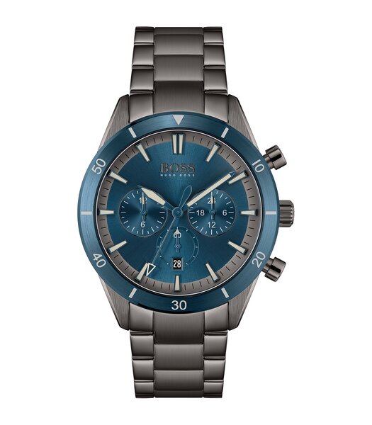 Horloge BOSS BLACK SANTIAGO Heren 1513863 Analoog Behuizing Mineraal Blauw Armband Roestvrij staal Gunmetal Uitklapbare lus Waterdichtheid 5 ATM
