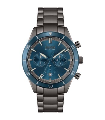 Montre BOSS BLACK SANTIAGO Homme 1513863 Analogique Cadran Minéral Bleu Bracelet Acier inoxydable Gunmetal Boucle déployante Etanchéité 5 ATM