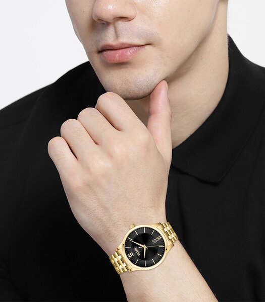 Montre BOSS BLACK ELITE Homme 1513897 Analogique Cadran Minéral Noir Bracelet Acier inoxydable Doré Boucle déployante Etanchéité 5 BAR
