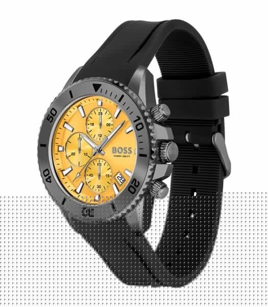 Horloge BOSS BLACK ADMIRAL Heren 1513968 Analoog Behuizing Mineraal Geel Armband Silicone Zwart Gespíndel Waterdichtheid 10 ATM