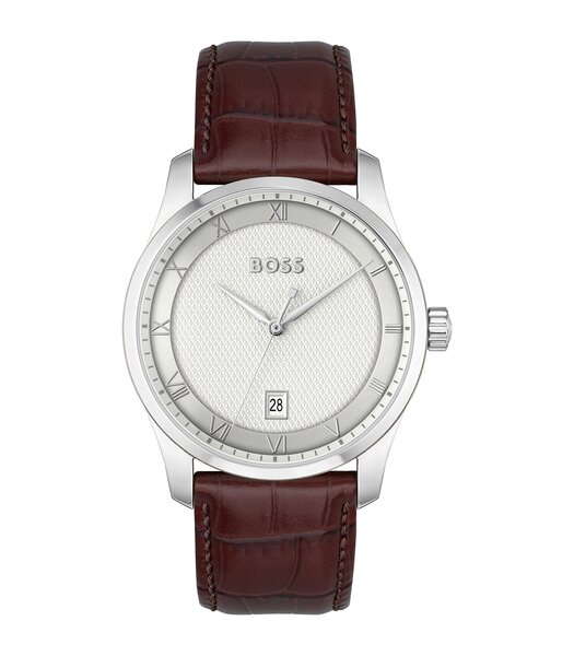 Horloge BOSS BLACK PRINCIPES Heren 1514114 Analoog Behuizing MINERAAL Zilverkleurig Armband Leer Bruin Uitklapbare lus Waterdichtheid 3BAR