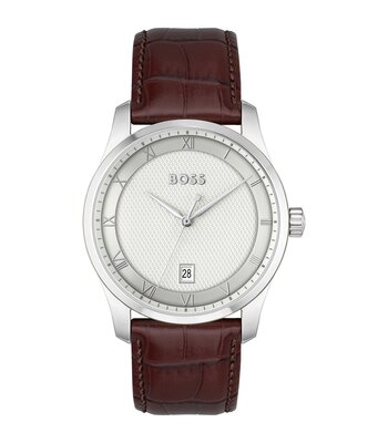 Horloge BOSS BLACK PRINCIPLE Heren 1514114 Analoog Behuizing MINERAAL Zilverkleurig Bracelette Leer Bruin Boucle déployante Etanchéiteiten 3BAR