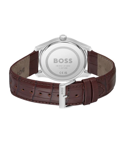 Horloge BOSS BLACK PRINCIPES Heren 1514114 Analoog Behuizing MINERAAL Zilverkleurig Armband Leer Bruin Uitklapbare lus Waterdichtheid 3BAR
