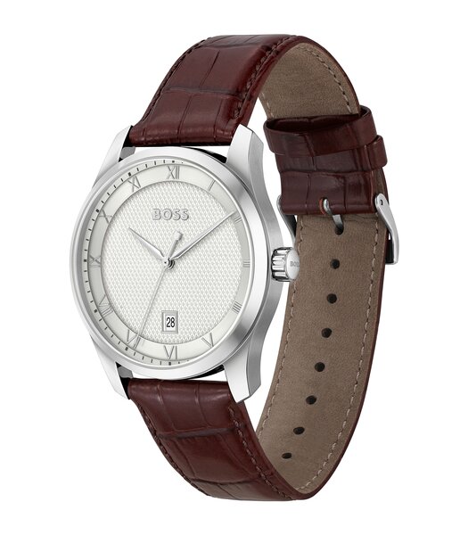 Horloge BOSS BLACK PRINCIPES Heren 1514114 Analoog Behuizing MINERAAL Zilverkleurig Armband Leer Bruin Uitklapbare lus Waterdichtheid 3BAR