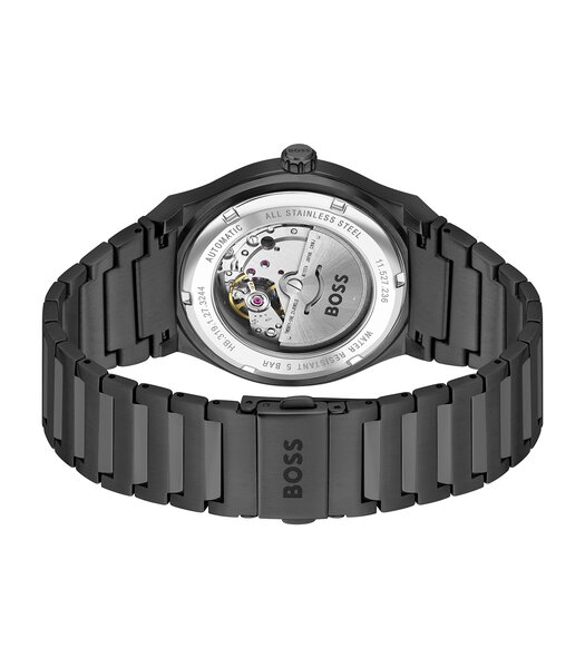Montre BOSS BLACK CANDOR AUTO Homme 1514120 Analogique Cadran Minéral Noir Bracelet Acier inoxydable Noir Boucle déployante Etanchéité 5 BAR