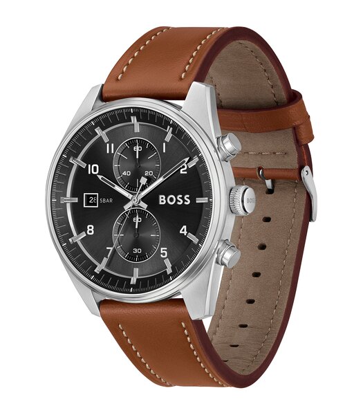 Horloge BOSS BLACK SKYTRAVELLER Heren 1514161 Analoog Behuizing MINERAAL Zwart Bracelette Leer Bruin Boucle déployante Etanchéiteiten 5BAR