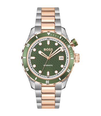 Horloge BOSS BLACK BOSSMATIC Heren 1514181 Analoog Behuizing MINERAAL Groen Bracelette Roestvrij staal Staal / roségoudkleurig Etanchéiteiten 10BAR