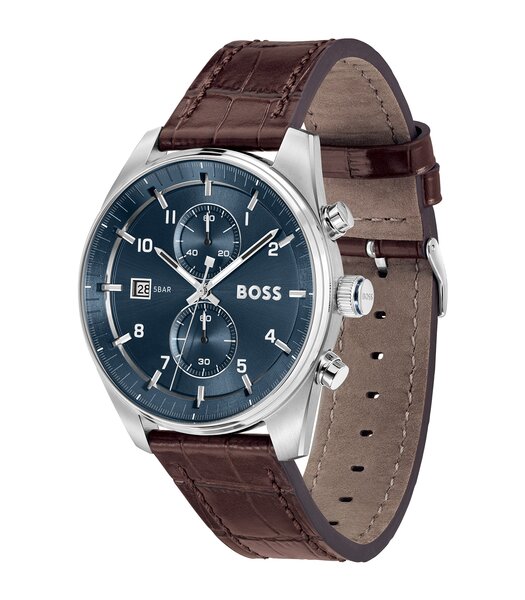 Horloge BOSS BLACK SKYTRAVELLER Heren 1514194 Analoog Behuizing MINERAAL Blauw Bracelette Leer Bruin Etanchéiteiten 5BAR