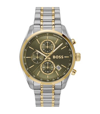 Horloge BOSS BLACK GRAND PRIX 44 Heren 1514227 Analoog Behuizing MINERAAL Groen Bracelette Roestvrij staal Staal / geelgoudkleurig Etanchéiteiten 5BAR