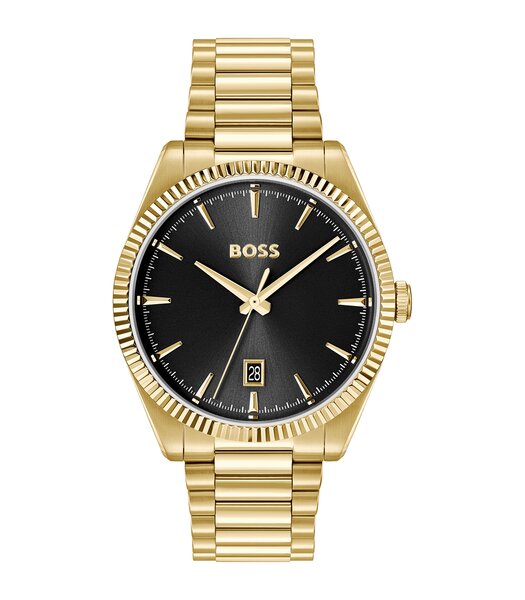 Horloge BOSS BLACK CHESWICK Heren 1514312 Analoog Behuizing MINERAAL Zwart Bracelette Staal Geelgoudkleurig Etanchéiteiten 5BAR