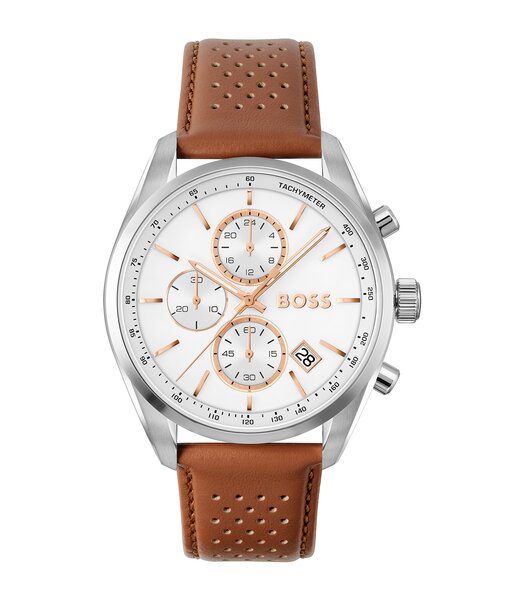 Horloge BOSS BLACK GRAND PRIX 44 - LE Heren 1514313 Analoog Behuizing MINERAAL Wit Bracelette Leer Bruin Etanchéiteiten 5BAR