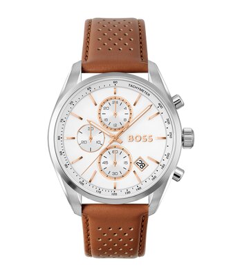 Horloge BOSS BLACK GRAND PRIX 44 - LE Heren 1514313 Analoog Behuizing MINERAAL Wit Bracelette Leer Bruin Etanchéiteiten 5BAR