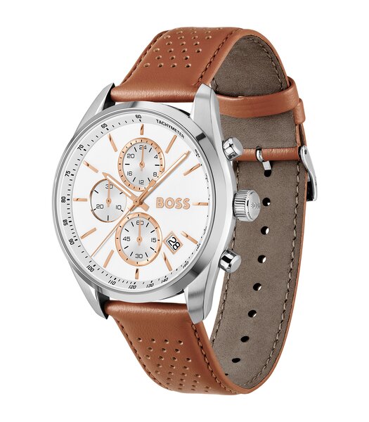 Horloge BOSS BLACK GRAND PRIX 44 - LE Heren 1514313 Analoog Behuizing MINERAAL Wit Bracelette Leer Bruin Etanchéiteiten 5BAR