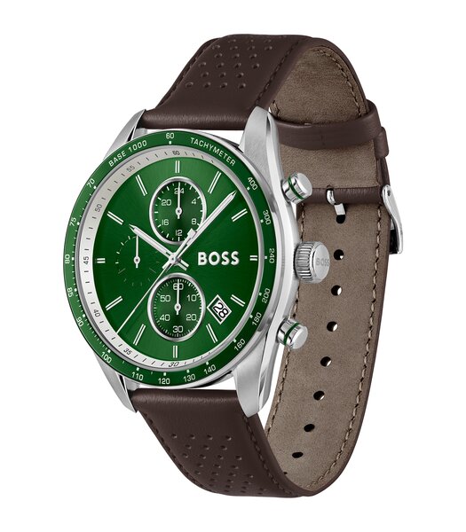 Horloge BOSS BLACK GRAND PRIX VITESSE Heren 1514342 Analoog Behuizing Mineraal Groen Bracelette Leer Bruin Etanchéiteiten 5 ATM