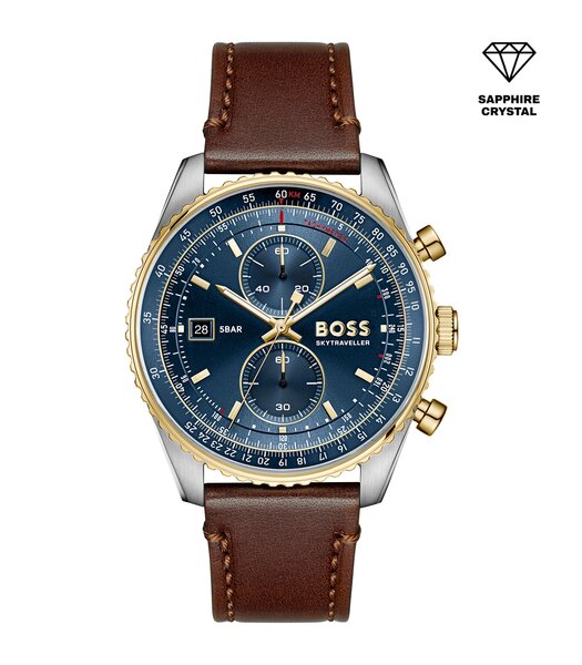 Montre BOSS BLACK SKYTRAVELLER PRO Homme 1514346 Analogique Cadran Saphir Bleu Bracelet Cuir Brun Etanchéité 5 ATM