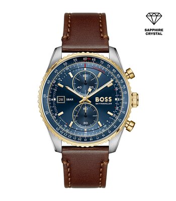 Montre BOSS BLACK SKYTRAVELLER PRO Homme 1514346 Analogique Cadran Saphir Bleu Bracelet Cuir Brun Etanchéité 5 ATM