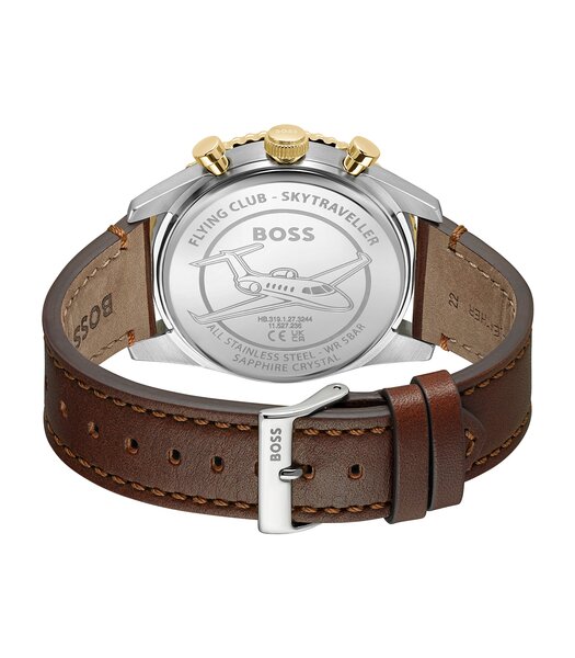 Montre BOSS BLACK SKYTRAVELLER PRO Homme 1514346 Analogique Cadran Saphir Bleu Bracelet Cuir Brun Etanchéité 5 ATM