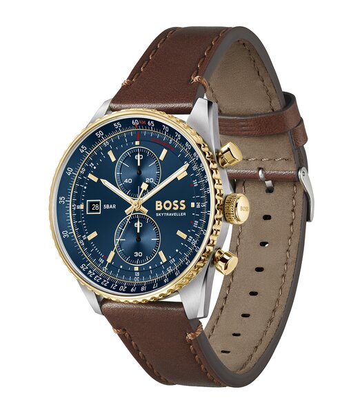 Montre BOSS BLACK SKYTRAVELLER PRO Homme 1514346 Analogique Cadran Saphir Bleu Bracelet Cuir Brun Etanchéité 5 ATM