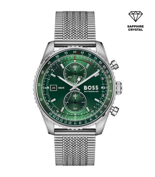 Horloge BOSS BLACK SKYTRAVELLER PRO Heren 1514347 Analoog Behuizing Saffier Groen Bracelette Roestvrij staal Staal Etanchéiteiten 5 ATM