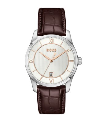 Montre BOSS BLACK PRINCIPLE PRESTIGE Homme 1514363 Analogique Cadran Minéral Argenté Bracelet Cuir Brun Etanchéité 3 ATM