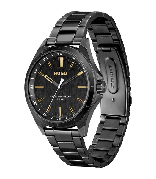 Montre HUGO COMPLETE Homme 1530322 Analogique Cadran Minéral Noir Bracelet Milanais Noir Clip / clasp Etanchéité 5 ATM