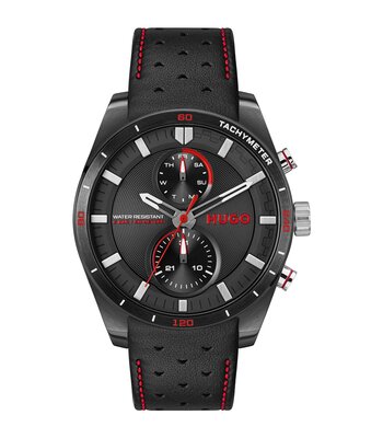 Horloge HUGO FAST Heren 1530370 Analoog Behuizing MINERAAL Zwart Bracelette Leer Zwart Etanchéiteiten 5BAR