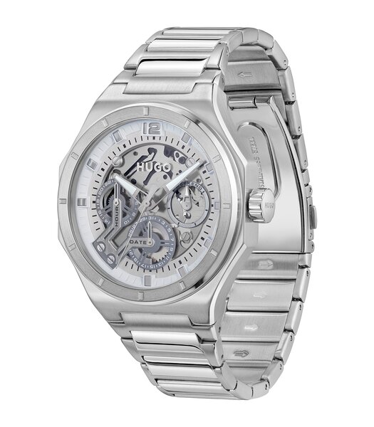 Horloge HUGO GRAIL SKELETON Heren 1530377 Analoog Behuizing MINERAAL Zilverkleurig Bracelette Roestvrij staal Staal Etanchéiteiten 5BAR