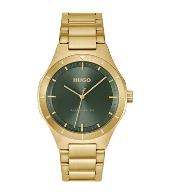 Horloge HUGO LIT Heren 1530449 Analoog Behuizing MINERAAL Groen Bracelette Staal Geelgoudkleurig Etanchéiteiten 5BAR