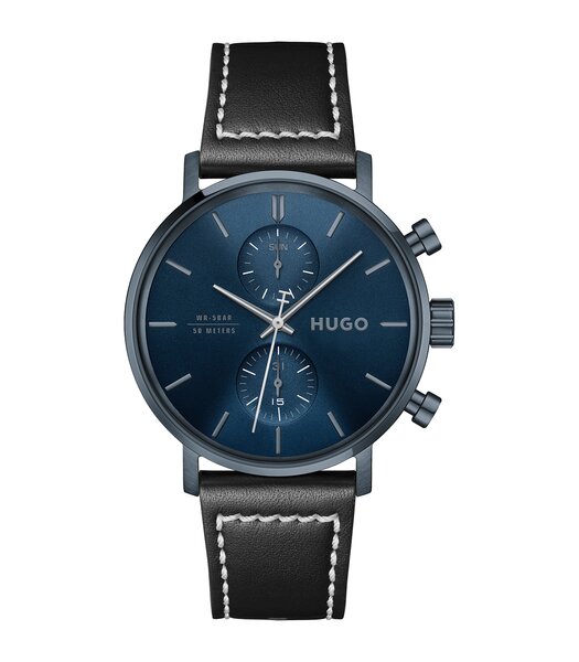 Montre HUGO TAKEOFF Homme 1530466 Analogique Cadran Minéral Bleu Bracelet Cuir Noir Etanchéité 5 ATM