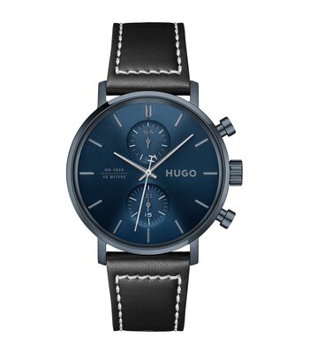 Montre HUGO TAKEOFF Homme 1530466 Analogique Cadran Minéral Bleu Bracelet Cuir Noir Etanchéité 5 ATM