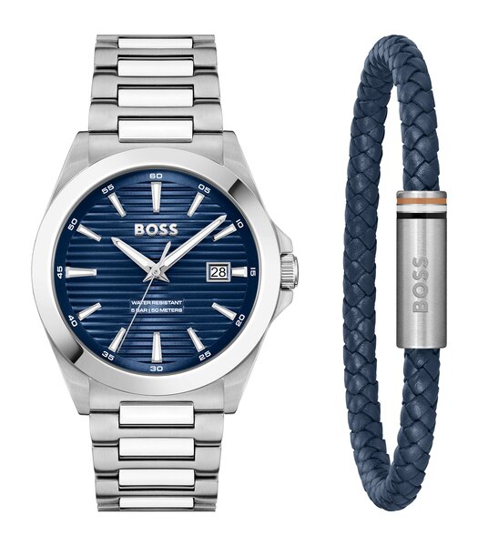 Montre BOSS BLACK GIFTSET STRIKE Homme 1570206 Analogique Cadran Minéral Bleu Bracelet Acier inoxydable Acier Etanchéité 5 ATM
