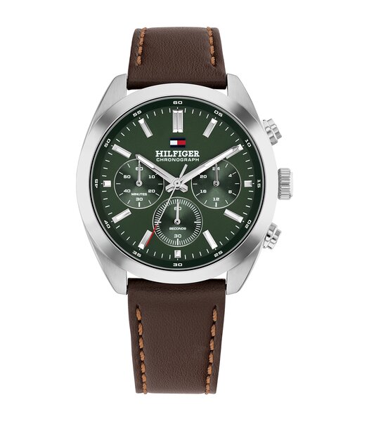 Horloge TOMMY HILFIGER HUDSON Heren 1710719 Analoog Behuizing MINERAAL Groen Bracelette Leer Bruin Etanchéiteiten 5BAR