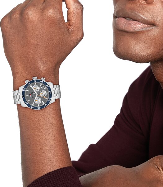Horloge TOMMY HILFIGER TH85 CHRONO Heren 1710744 Analoog Behuizing MINERAAL Grijs Bracelette Roestvrij staal Staal Etanchéiteiten 5BAR