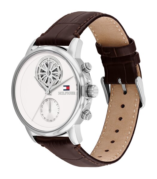 Montre TOMMY HILFIGER STEWART Homme 1710746 Analogue Cadran MINERAL Blanc Bracelet Cuir Brun Etanchéité 5BAR