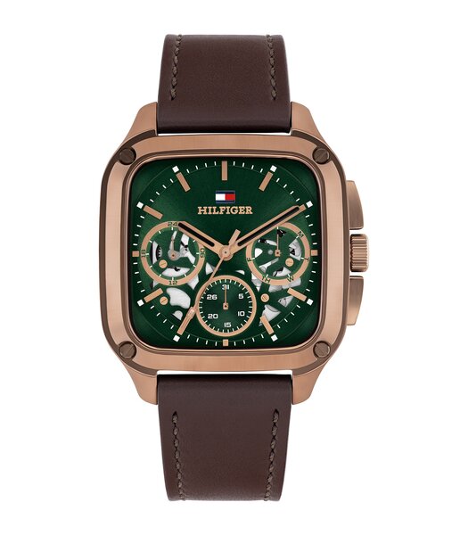 Horloge TOMMY HILFIGER HERALD SKELETON Heren 1710757 Analoog Behuizing MINERAAL Groen Bracelette Leer Bruin Etanchéiteiten 5BAR