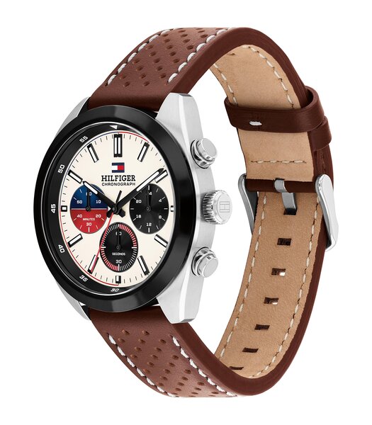 Horloge TOMMY HILFIGER HUDSON Heren 1710765 Analoog Behuizing MINERAAL Wit Bracelette Leer Bruin Etanchéiteiten 5BAR