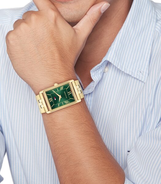 Horloge TOMMY HILFIGER BEN Heren 1710784 Analoog Behuizing Mineraal Groen Bracelette Roestvrij staal Staal / geelgoudkleurig Etanchéiteiten 3 ATM