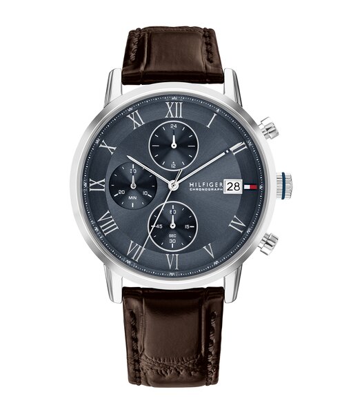 Montre TOMMY HILFIGER KANE Homme 1710795 Analogique Cadran Minéral Bleu Bracelet Cuir Brun Etanchéité 5 ATM