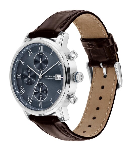 Montre TOMMY HILFIGER KANE Homme 1710795 Analogique Cadran Minéral Bleu Bracelet Cuir Brun Etanchéité 5 ATM