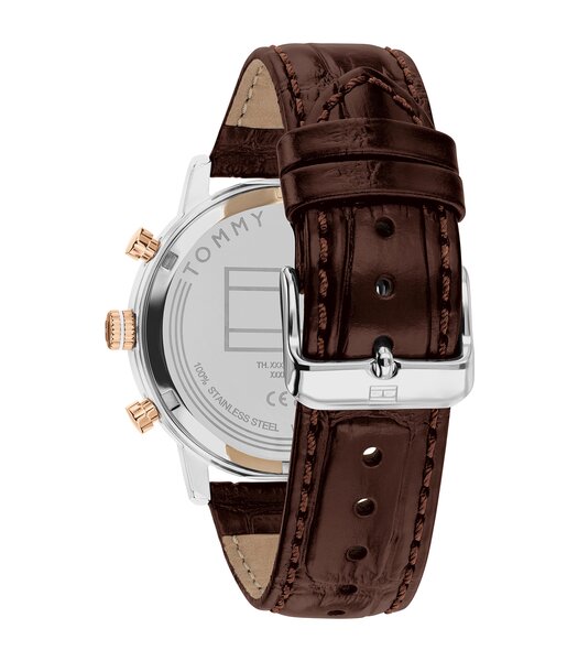 Montre TOMMY HILFIGER KANE Homme 1710796 Analogique Cadran Minéral Argenté Bracelet Cuir Brun Etanchéité 5 ATM