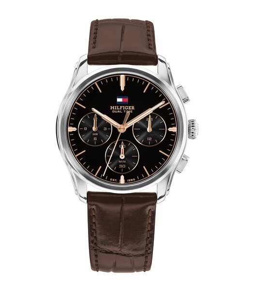 Montre TOMMY HILFIGER THE EMPIRE Homme 1710808 Analogique Cadran Minéral Noir Bracelet Cuir Brun Etanchéité 5 ATM