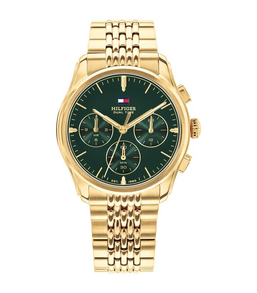 Horloge TOMMY HILFIGER THE EMPIRE Heren 1710814 Analoog Behuizing Mineraal Groen Bracelette Roestvrij staal Staal / geelgoudkleurig Etanchéiteiten 5 A