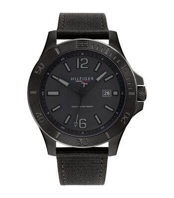 Horloge TOMMY HILFIGER RYAN Heren 1791993 Analoog Behuizing MINERAAL Zwart Bracelette GERECYCLED PLASTIC Blauw Boucle ardillon Etanchéiteiten 5BAR