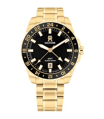 Horloge TOMMY HILFIGER TH85 SWISS GMT Heren 1792133 Analoog Behuizing MINERAAL Zwart Bracelette Staal Geelgoudkleurig Etanchéiteiten 20BAR