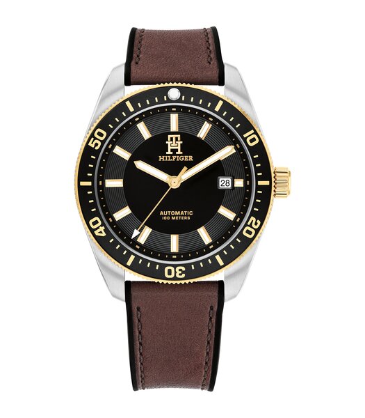 Horloge TOMMY HILFIGER TH85 AUTOMATIC Heren 1792142 Analoog Behuizing MINERAAL Zwart Bracelette Leer Bruin Etanchéiteiten 10BAR