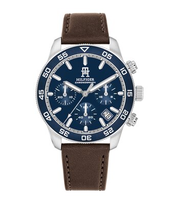 Horloge TOMMY HILFIGER TH85 CHRONO (41MM) Heren 1792163 Analoog Behuizing MINERAAL Blauw Bracelette Leer Bruin Etanchéiteiten 5BAR
