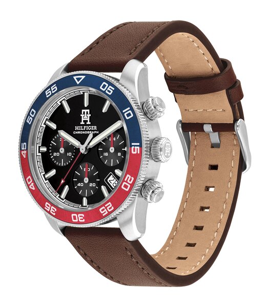 Horloge TOMMY HILFIGER TH85 CHRONO (41MM) Heren 1792166 Analoog Behuizing MINERAAL Zwart Bracelette Leer Bruin Etanchéiteiten 5BAR
